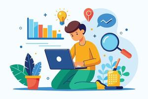 Illustration of a young man working on a laptop, surrounded by business data, graphs, and ideas. vector