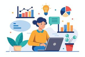 A woman at a desk with a laptop surrounded by data visualizations and a lightbulb symbolizing ideas. Emphasizes data-driven decisions. vector