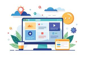 A modern desktop computer displays a website design with various icons, including a cloud, , and download. The image is a colorful illustration with a white background. vector