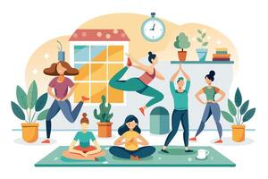 An illustration of a group fitness class in a home setting with diverse participants doing various exercises. vector