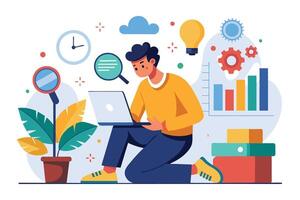 A man is kneeling and working on his laptop with a variety of business analytics and charts in the background. vector