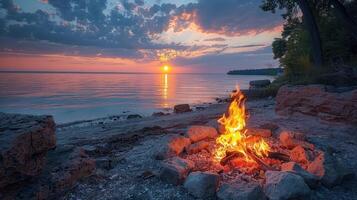 Bonfire on the beach at dusk with friends gathered around Toast marshmallows and enjoy the warm evening. photo