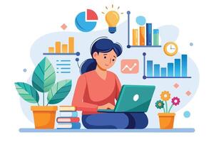 An illustration of a woman working on a laptop computer in a home office, surrounded by charts and graphs. vector