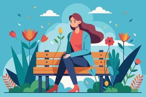 A woman with long brown hair sits on a wooden bench in a garden full of colorful flowers. The sky is blue with fluffy white clouds. vector