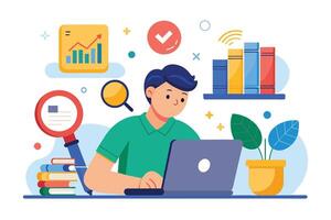 A young man sits at a desk working on a laptop. There are books and a graph behind him, and a plant in a pot on the desk. vector
