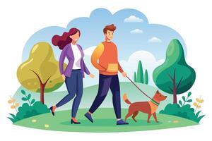 A smiling couple walks their brown dog on a leash through a green park. The sky is blue and there are trees in the background. vector