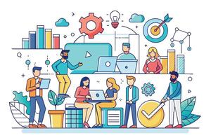 Illustration depicting a team of diverse individuals working together on a project, utilizing digital tools, data analysis, and creative problem-solving. vector