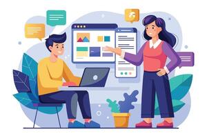 A woman presents a website design to a male colleague sitting at his desk. She points to the website mockup on the screen while he looks at it intently. vector