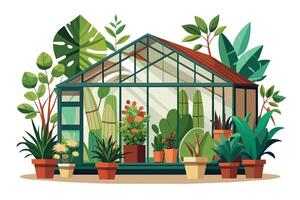 A cartoon illustration of a greenhouse with various green plants growing inside and outside the structure. vector