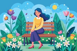 A woman sits on a bench in a park with flowers blooming and a bright blue sky. vector