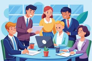 A business team of five people collaborates around a table, discussing documents and using a laptop. vector