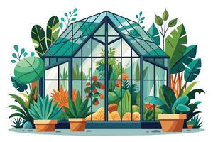 A cartoon illustration of a greenhouse full of plants and surrounded by various greenery. The glass structure is surrounded by lush foliage, and there are potted plants in the foreground. vector