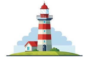 A tall red and white striped lighthouse stands on a green hill, with a small house beside it. The lighthouse is surrounded by a blue sky with clouds. vector