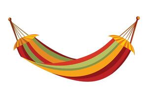 A colorful hammock with yellow, green, and red stripes hangs against a white background. vector