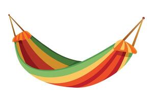 Colorful striped hammock hanging on white background made of fabric with green, yellow, red, and orange colors. Empty and ready to be used. vector