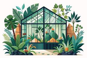 A colorful illustration featuring a large greenhouse surrounded by a variety of tropical plants. vector