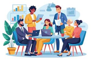 A diverse team of professionals meets around a table in a modern office setting, discussing ideas and collaborating. vector