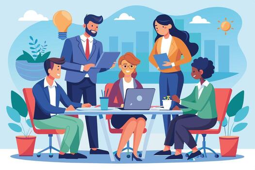 A group of diverse business professionals work together at a table in an office, discussing a project and brainstorming ideas. vector