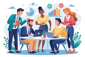 A diverse team of four people are gathered around a table, working on laptops and discussing business strategies with charts and graphs in the background. vector