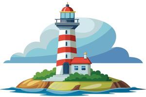 A cartoon illustration of a red and white striped lighthouse standing tall on a small island, with a small house and some trees. The sky above is cloudy. vector