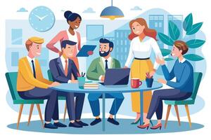 A group of diverse professionals, including men and women, are sitting around a table and collaborating during a meeting in a modern office. vector