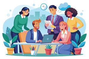 A group of smiling office workers stand around a desk, collaborating on a project. One worker is using a laptop, while another is holding documents. vector