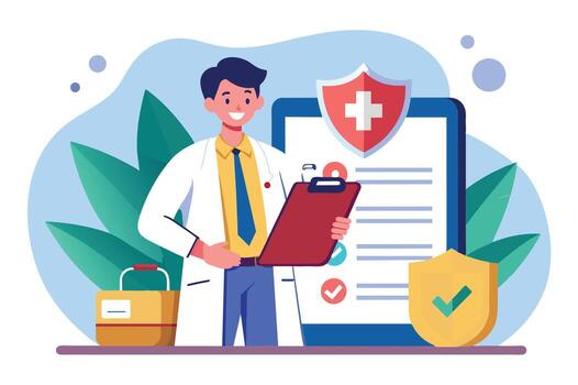 un ilustración de un médico participación un portapapeles con un Lista de Verificación y un proteger con un marca de verificación, simbolizando salud seguro o médico cobertura. vector