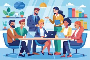 A diverse group of professionals meets around a table in a modern office setting, using laptops and working together on a project. vector