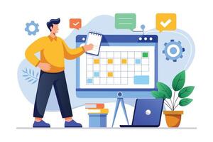 An illustration of a man standing in front of a computer screen with a calendar on it. He is holding a notepad and pointing to a specific date on the calendar. vector
