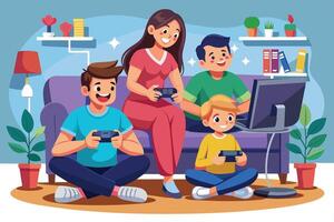 A family of four happily playing games on a large purple couch in their living room. Parents in the middle, kids on either side, all smiling with controllers. TV is in front. vector