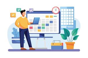 An illustration of a man standing in front of a large calendar with a laptop in his hand. The calendar is filled with colorful appointments, and the man is checking his schedule. vector