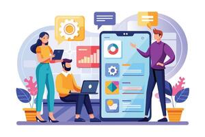 A team of three professionals are collaborating on the design and development of a mobile application, as depicted in an illustration. vector