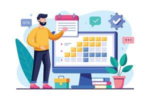 An illustration of a man pointing at a calendar on a desktop computer. The computer screen shows a task management system with a grid of colored squares. vector