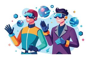 Two men wearing VR headsets stand and interact with each other in a digital world. They are smiling and engaged with each other, surrounded by colorful shapes and spheres. vector