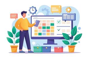 An illustration of a man standing near a computer screen, planning his schedule on a colorful calendar with checkmarks. vector