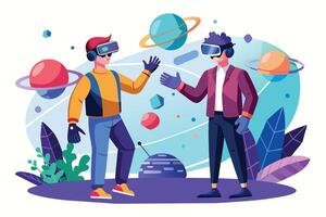 Illustration of two individuals wearing VR headsets interacting within a virtual space adorned with colorful planets, stars, and other abstract objects. vector
