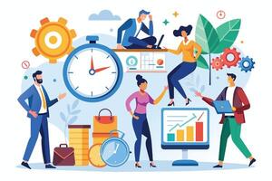 An illustration depicting a team of diverse business professionals collaborating on a project while incorporating time management strategies. vector