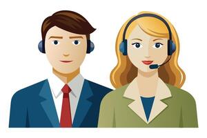 Illustration of two customer service representatives wearing headsets, a man in a blue suit with a red tie and a woman in a green jacket, both smiling and looking at the camera. vector