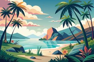 A colorful illustration of a tropical beach scene with palm trees, mountains, and a calm ocean. The scene features lush vegetation and a sandy beach. vector