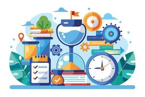 A colorful illustration depicting time management with an hourglass, a clock, a checklist, and other related symbols. vector