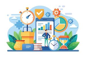 A businessman analyzing data on a mobile phone surrounded by time management icons, emphasizing the importance of time management in business success. vector