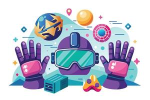 An illustration of a person wearing VR goggles and gloves, interacting with a 3D world filled with colorful objects. vector