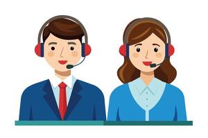 A cartoon illustration of two customer service representatives, a man and a woman, both wearing headsets. They are smiling and appear to be ready to answer calls. vector