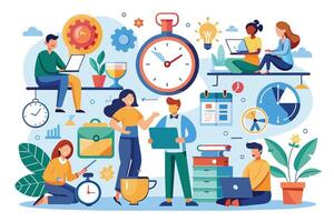 An illustration depicting a group of people engaged in various tasks and projects, surrounded by clocks, calendars, and other time management tools. vector