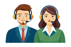 Two customer service representatives, a man and a woman, wear headsets and smile. They are dressed in business casual attire. vector
