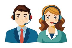 This illustration depicts a man and woman wearing headsets, representing customer service agents. They have smiling faces and professional attire. vector