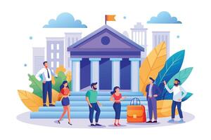 A diverse group of people gathered outside a city hall building. They are dressed in a mix of casual and business attire for a public event. vector