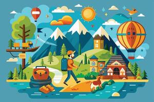A man hikes along a mountain trail with a backpack and a walking stick, with a hot air balloon and a small goat in the foreground. vector