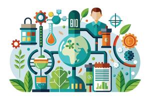 A colorful illustration depicting a laboratory setting with various scientific equipment and symbols, representing biotechnology research and development for a sustainable future. vector