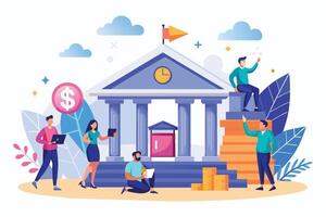 An illustration showing people working together outside of a bank building. They are collaborating and using technology to achieve their financial goals. vector
